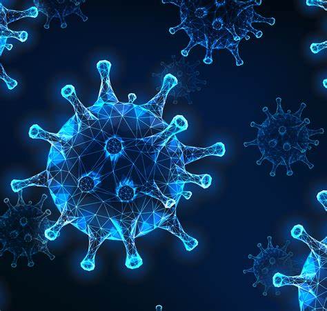 blue computer generated image of a coronavirus cell