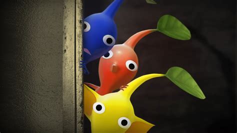 Three Pikmin peeking from behind a door frame.